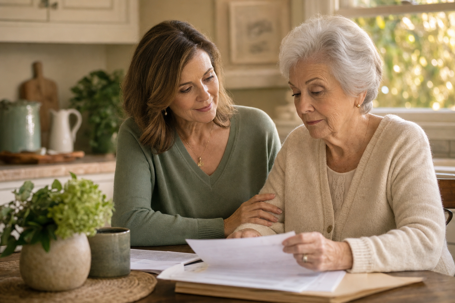 Adult daughter and elderly mother reviewing care documents together